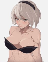 Rule 34 | 1girl, abs, bare shoulders, blue eyes, breasts, cleavage, frown, grey hair, headband, highres, large breasts, muscular, muscular female, nier (series), nier:automata, solo, toned, yoracrab, 2b (nier:automata)