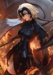 Rule 34 | ahoge, armor, armored dress, bad id, bad tumblr id, black armor, black thighhighs, embers, fate/grand order, fate (series), fire, gauntlets, glowing, glowing eyes, highres, jeanne d&#039;arc (fate), jeanne d&#039;arc (ruler) (fate), jeanne d&#039;arc alter (avenger) (fate), jeanne d&#039;arc alter (fate), looking at viewer, parted lips, polearm, raikoart, short hair, smile, solo, spear, sword, thighhighs, weapon, yellow eyes