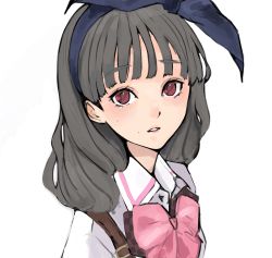 Rule 34 | 1girl, assault lily, black hair, blue bow, blue hairband, bow, bow hairband, bowtie, collared shirt, commentary, hair bow, hairband, highres, kuroki francisca yuria, looking at viewer, ludvico private girls&#039; academy school uniform, medium hair, mole, mole above mouth, mole on cheek, parted lips, pink bow, pink bowtie, portrait, red eyes, sally (allogkk), school uniform, shirt, simple background, solo, suspenders, white background, white shirt
