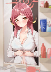 Rule 34 | 1girl, absurdres, aru (blue archive), bathroom, blue archive, blush, breasts, cleavage, collarbone, demon horns, dressing, halo, highres, horns, large breasts, looking at viewer, mirror, murabito c, navel, open collar, pink hair, reflection, shirt, solo, white shirt