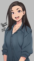 Rule 34 | 1girl, agawa ryou, black hair, breasts, cleavage, commentary, dated, english commentary, grey background, grey shirt, jewelry, long hair, loose clothes, loose shirt, medium breasts, necklace, open mouth, original, pendant, purple eyes, shirt, signature, sleeves pushed up, smile, solo, thick eyebrows