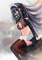 Rule 34 | 1girl, absurdres, apron, azur lane, black hair, breasts, brown thighhighs, center opening, covered mouth, cross, cross earrings, ear piercing, earrings, frilled apron, frills, from side, hair between eyes, highres, jewelry, kaki z3, long hair, looking at viewer, maid headdress, medium breasts, multicolored hair, navel, official alternate costume, piercing, red eyes, scarf, scarf over mouth, sitting, solo, streaked hair, thighhighs, two-tone hair, u-47 (azur lane), u-47 (urban maid) (azur lane), unzipped, very long hair, waist apron, white apron, white hair, zipper pull tab