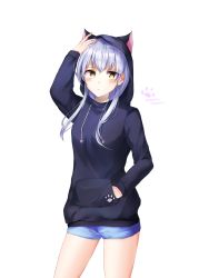 Rule 34 | 1girl, absurdres, animal ears, animal hood, arm up, bang dream!, black sweater, blue shorts, cat ears, cat hood, character name, cowboy shot, csc00014, fake animal ears, floating hair, hand in pocket, highres, hood, hooded sweater, long hair, long sleeves, minato yukina, short shorts, shorts, silver hair, simple background, solo, standing, sweater, white background, yellow eyes