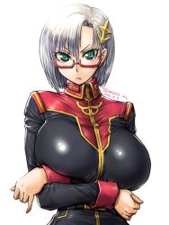 Rule 34 | 1girl, amania orz, breast rest, breasts, character request, crossed arms, dated, artistic error, glasses, green eyes, gundam, huge breasts, large breasts, light frown, long sleeves, looking at viewer, military, military uniform, pinky out, pursed lips, red-framed eyewear, semi-rimless eyewear, shiny clothes, short hair, silver hair, simple background, solo, twitter username, under-rim eyewear, uniform, upper body, white background, zeta gundam