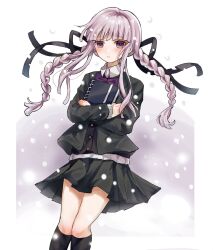 Rule 34 | 1girl, black jacket, black ribbon, black skirt, black socks, book, braid, collared shirt, danganronpa, danganronpa (series), danganronpa kirigiri, feet out of frame, gorila chan, hair ribbon, highres, holding, holding book, jacket, kirigiri kyoko, kneehighs, long hair, long sleeves, looking at viewer, miniskirt, hugging object, official alternate costume, open clothes, open jacket, parted lips, pleated skirt, ribbon, shirt, skirt, snowing, socks, solo, teeth, twin braids
