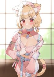 Rule 34 | 1girl, :3, ahoge, animal ears, armband, blonde hair, blurry, blurry background, blush, bow, braid, breasts, cat ears, cat girl, cat tail, cleavage, cleavage cutout, closed mouth, clothes pull, clothing cutout, crop top, gloves, hair bow, hair ornament, hat, heart, heart ahoge, highres, jacket, kemomimi refle!, large breasts, long sleeves, looking at viewer, low twin braids, nekoma karin, nurse cap, ol mahonanoka, open clothes, open jacket, pink jacket, pink ribbon, pink shirt, pink skirt, pulling own clothes, red eyes, ribbon, shirt, shirt pull, short hair, skirt, solo, tail, tail ornament, tail ribbon, test tube, twin braids, virtual youtuber, white armband, white gloves, white skirt, wing hair ornament, x hair ornament