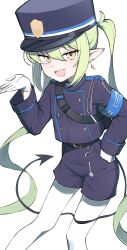 Rule 34 | 1girl, absurdres, armband, black hat, black shirt, black shorts, black tail, blue archive, blue armband, blush, buttons, demon tail, double-breasted, feet out of frame, gloves, green hair, hair between eyes, hat, nozomi (blue archive), highres, long hair, long sleeves, looking at viewer, open mouth, pantyhose, peaked cap, shirt, shorts, simple background, smile, solo, tail, twintails, very long hair, white background, white gloves, white pantyhose, yellow eyes, zbuta turatan