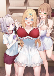 Rule 34 | + +, 3girls, :d, bare arms, bare shoulders, blonde hair, blue bow, blue eyes, blush, bow, bow bra, bra, braid, breasts, brown hair, collarbone, commentary request, double bun, dress, flat chest, frilled panties, frills, green eyes, gym shirt, gym shorts, gym uniform, hair bow, hair bun, hair ornament, hairclip, has bad revision, has cropped revision, holding, holding bra, holding clothes, holding underwear, indoors, large breasts, long hair, md5 mismatch, medium breasts, multiple girls, naked towel, nose blush, open mouth, original, panties, purple eyes, red bra, red shorts, resolution mismatch, see-through, shirt, short shorts, short sleeves, shorts, silver hair, sleeveless, sleeveless dress, smile, source smaller, standing, tokuno yuika, towel, underwear, very long hair, white dress, white panties, white shirt, wooden floor