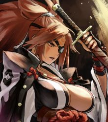 Rule 34 | 1girl, armband, baiken, breasts, cloak, eyepatch, facial mark, guilty gear, guilty gear xrd, highres, holding, holding sword, holding weapon, jako (toyprn), japanese clothes, large breasts, long hair, open mouth, pink eyes, pink hair, plunging neckline, ponytail, sheath, sheathed, solo, sword, upper body, weapon