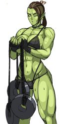 Rule 34 | 1girl, abs, arm wrap, blue eyes, breasts, closed eyes, colored skin, green skin, large breasts, long hair, muscular, muscular female, nisetanaka, orc, original, pointy ears, ponytail, pubic hair, pubic hair peek, shaved head, solo, sweat, tusks, white background