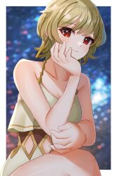 Rule 34 | 1girl, bare shoulders, blonde hair, citrinne (fire emblem), earrings, edamameoka, fire emblem, fire emblem engage, gold trim, highres, hoop earrings, jewelry, looking at viewer, mismatched earrings, nintendo, official alternate costume, one-piece swimsuit, red eyes, solo, swimsuit