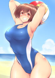Rule 34 | 10s, 1girl, armpits, arms behind head, arms up, ball, beach, beachball, bifidus, blush, breasts, brown hair, competition swimsuit, curvy, female focus, grin, huge breasts, ise (kancolle), kantai collection, looking at viewer, one-piece swimsuit, red eyes, short hair, smile, solo, standing, swimsuit, thick thighs, thighs, wide hips