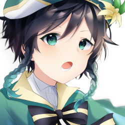 Rule 34 | 1boy, androgynous, beret, black hair, blue hair, bow, braid, cape, collared cape, collared shirt, commentary request, flower, genshin impact, gradient hair, green eyes, hat, hat flower, highres, kashiwagi yuzu@ruruka kyoto, leaf, looking at viewer, male focus, multicolored hair, open mouth, shirt, short hair with long locks, simple background, solo, twin braids, venti (genshin impact), white background, white flower, white shirt