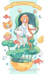 Rule 34 | 1girl, artist name, banner, bare shoulders, barefoot, blue background, blue eyes, bow, bubble, cancer (zodiac), closed mouth, collarbone, dated, dress, english text, fish, flower, full body, full moon, guanmumu, hairband, half moon, highres, light blush, lily pad, long hair, long sleeves, moon, off-shoulder dress, off shoulder, orange bow, orange hair, original, pink flower, pleated dress, short dress, sidelocks, sleeves past wrists, smile, solo, star (symbol), straight hair, two-tone background, very long hair, water lily flower, watermark, white background, white dress, white hairband, wide sleeves, zodiac