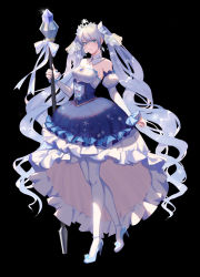 Rule 34 | 1girl, absurdres, bare shoulders, black background, blue eyes, blue footwear, blue nails, closed mouth, detached sleeves, hatsune miku, high heels, highres, long hair, looking at viewer, nail polish, pantyhose, puffy detached sleeves, puffy sleeves, pumps, scepter, silver hair, simple background, smile, solo, thighhighs, tiara, very long hair, vocaloid, white thighhighs, wuc, yuki miku, yuki miku (2019)