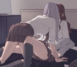 Rule 34 | 2girls, all fours, bang dream!, bed, blush, brown hair, commentary request, cookie (accountxmix), ear blush, hair over shoulder, imai lisa, indoors, kiss, light purple hair, long hair, minato yukina, multiple girls, on bed, thighs, yuri