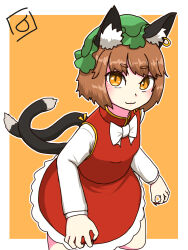 Rule 34 | 1girl, :3, animal ear fluff, animal ear piercing, animal ears, bow, bowtie, breasts, brown eyes, brown hair, cat ears, cat tail, chen, commentary request, cowboy shot, earrings, fingernails, green hat, hat, highres, jewelry, long sleeves, looking at viewer, mob cap, multiple tails, nail polish, nekomata, orange background, outline, red nails, red skirt, red vest, sharp fingernails, short hair, single earring, skirt, skirt set, small breasts, solo, tail, touhou, tsr2, two tails, upturned eyes, vest, white bow, white bowtie, white outline