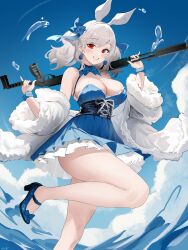 1girl :d absurdres alternate_costume bare_shoulders blue_bow blue_bowtie blue_flower blue_rose blue_shoes blue_sky blush bow bowtie breasts cleavage coat corset cross-laced_clothes day derlyt dress flower frilled_dress frills fur-trimmed_sleeves fur_trim girls&#039;_frontline girls&#039;_frontline_2:_exilium grin gun hair_flower hair_ornament hairband high_heels highres holding holding_gun holding_weapon large_breasts leg_up long_sleeves looking_at_viewer open_clothes open_coat open_mouth outdoors parted_lips pump_action red_eyes ribbon rose sabrina_(girls&#039;_frontline_2) scrunchie shoes short_dress short_hair shotgun sky smile solo spas-12 spas-12_(girls&#039;_frontline) standing standing_on_one_leg strapless strapless_dress suppressor underbust water weapon white_coat white_hair white_hairband white_ribbon wrist_scrunchie