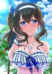 Rule 34 | 1girl, armband, bare shoulders, bikini, black hair, blue bikini, blue eyes, blush, breasts, cleavage, collarbone, earrings, frilled armband, frilled bikini, frills, hair between eyes, hair ribbon, hairband, hand in own hair, highres, idolmaster, idolmaster cinderella girls, idolmaster cinderella girls starlight stage, jewelry, looking at viewer, medium breasts, mimiko335, palm tree, ribbon, sagisawa fumika, side ponytail, signature, smile, solo, swimsuit, tree