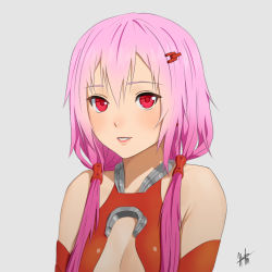 Rule 34 | 10s, 1girl, bare shoulders, breasts, carlo montie, center opening, cleavage, detached sleeves, guilty crown, hair ornament, hairclip, long hair, looking at viewer, pink hair, small breasts, smile, solo, yuzuriha inori