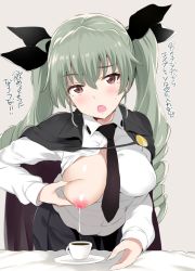 Rule 34 | 10s, 1girl, anchovy (girls und panzer), bad id, bad twitter id, bed sheet, black necktie, black skirt, blush, breast milk, breasts, cape, cup, drill hair, girls und panzer, green hair, grey background, hair ribbon, japanese text, lactating into container, lactation, long hair, long sleeves, medium breasts, necktie, nipples, noripachi, one breast out, open mouth, pleated skirt, red eyes, ribbon, saucer, school uniform, shirt, simple background, skirt, solo, teacup, translated, twin drills, twintails, white shirt