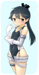 Rule 34 | 1girl, black hair, black one-piece swimsuit, competition swimsuit, cosplay, cowboy shot, embarrassed, gloves, highleg, highleg swimsuit, houshou (kancolle), kantai collection, long hair, looking at viewer, one-hour drawing challenge, one-piece swimsuit, ponytail, ray.s, scamp (kancolle), scamp (kancolle) (cosplay), short shorts, shorts, solo, standing, swimsuit, white gloves, white shorts