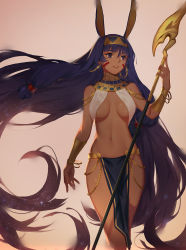 Rule 34 | 1girl, animal ears, arm at side, bangle, bare shoulders, blurry, bracelet, bracer, brown background, cropped legs, dark-skinned female, dark skin, earrings, egyptian clothes, facial mark, fate/grand order, fate (series), floating hair, hair between eyes, hairband, holding, holding staff, hoop earrings, jewelry, lips, loincloth, long hair, looking away, looking to the side, low-tied long hair, navel, nitocris (fate), parted lips, purple eyes, purple hair, rabbit ears, revealing clothes, simple background, sola7764, solo, staff, standing, stomach, straight hair, striped, two-tone hairband, vertical stripes, very long hair, whisker markings