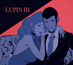 Rule 34 | 1boy, 1girl, 2019, arm around shoulder, arsene lupin iii, bare shoulders, bracelet, breasts, buzz cut, chest hair, cigarette, commentary, copyright name, dress, earrings, english commentary, flat color, formal, jewelry, lips, lipstick, long hair, looking at viewer, lupin iii, makeup, mine fujiko, monkey punch, nail polish, necktie, pac-man eyes, shirt, short hair, sleeveless, sleeveless dress, smile, suit, tie clip, valantains, very short hair