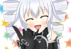 Rule 34 | :d, bare shoulders, black sister, bodysuit, drill hair, face, gloves, highres, kawa candidate, long hair, neptune (series), open mouth, smile, twin drills, twintails, uni (neptunia), white hair