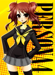 Rule 34 | 1girl, :o, atlus, black thighhighs, brown hair, collarbone, emblem, grey skirt, hands on own hips, ichigou miya, kujikawa rise, looking at viewer, neckerchief, open mouth, persona, persona 4, pleated skirt, sailor collar, school uniform, skirt, solo, standing, thighhighs, twintails