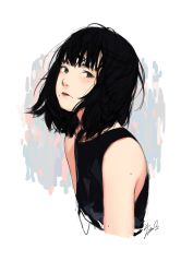 Rule 34 | 1girl, arms at sides, artist name, black eyes, black hair, black shirt, cropped torso, from side, fuyuno kamome, grey background, highres, looking at viewer, mole, mole under eye, original, parted lips, shirt, signature, sketch, sleeveless, sleeveless shirt, solo, upper body
