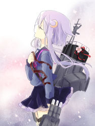 Rule 34 | 10s, 1girl, ahoge, antennae, backpack, bag, crescent, crescent hair ornament, closed eyes, floating hair, from side, hair ornament, kantai collection, long hair, long sleeves, machinery, nagasioo, purple hair, sailor collar, school uniform, serafuku, short hair with long locks, solo, standing, torpedo, wind, yayoi (kancolle)