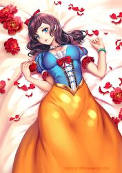 Rule 34 | 1girl, apple, artist name, bow, bracelet, breasts, brown hair, cleavage, corset, disney, dress, flower, food, frilled sleeves, frills, fruit, gem, hair bow, heart, holding, holding food, holding fruit, jewelry, large breasts, long hair, long skirt, looking at viewer, lying, mabong1989, on back, on bed, orange skirt, parted lips, petals, pham thai chau, puff and slash sleeves, puffy short sleeves, puffy sleeves, red bow, red gemstone, short sleeves, skirt, snow white, snow white (disney), snow white and the seven dwarfs, solo, watermark, web address, yellow skirt