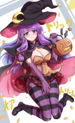 Rule 34 | 1girl, bow, breasts, candy, cape, cleavage, crescent, crescent hat ornament, elbow gloves, food, gloves, hair bow, halloween, halloween bucket, halloween costume, hat, hat ornament, highres, jack-o&#039;-lantern, large breasts, long hair, looking at viewer, namiki (remiter00), pantyhose, patchouli knowledge, pumpkin, purple eyes, purple hair, solo, striped clothes, striped pantyhose, touhou, witch hat