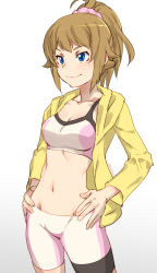 Rule 34 | 1girl, bike shorts, blue eyes, breasts, brown hair, cleavage, closed mouth, collarbone, commentary request, crop top, gradient background, grey background, groin, gundam, gundam build fighters, hair ornament, hair scrunchie, hands on own hips, highres, hood, hood down, hooded jacket, hoshino fumina, jacket, looking away, medium breasts, navel, open clothes, open jacket, pink scrunchie, ponytail, raika9, scrunchie, smile, solo, sports bra, twitter username, two-tone sports bra, white background, yellow jacket