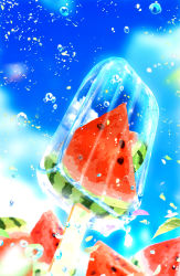 Rule 34 | absurdres, blurry, blurry background, bubble, cloud, cloudy sky, falling petals, fantasy, food, food focus, fruit, highres, leaf, makoron117117, no humans, original, outdoors, petals, popsicle, reflection, reflective water, scenery, sky, sparkle, summer, water, watermelon, watermelon slice