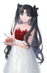 Rule 34 | 1girl, absurdres, aqua eyes, bare arms, bare shoulders, black bow, black hair, blue eyes, bow, cake, choker, collarbone, commentary request, dress, earrings, fate/stay night, fate (series), flower, food, hair bow, highres, holding, holding plate, jewelry, long hair, looking at viewer, null (1397062873), pink choker, plate, red flower, simple background, smile, snowflake earrings, solo, strapless, strapless dress, tohsaka rin, two side up, white background, white dress