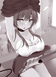 Rule 34 | armpits, arms up, blush, breasts, choker, cleavage, covered erect nipples, electric guitar, guitar, highres, instrument, lactation, lactation through clothes, large breasts, long hair, monochrome, noripachi, original, see-through, sitting, solo, sweat, tank top, undressing