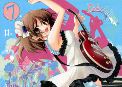 Rule 34 | 00s, 1girl, absurdres, blush, breasts, brown eyes, brown hair, don&#039;t say &quot;lazy&quot;, dress, electric guitar, female focus, gibson les paul, guitar, hair ornament, highres, hirasawa yui, instrument, izumi tsubasu, k-on!, scan, short hair, skirt, solo, striped clothes, striped thighhighs, thighhighs, vertical-striped clothes, vertical-striped thighhighs