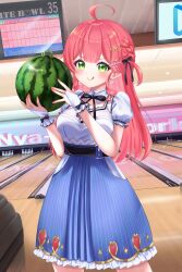 1girl 4kimizuki :q absurdres ahoge belt black_belt black_bow blush bow bowling bowling_pin breasts dress earrings flower_earrings food frilled_gloves frills fruit gloves green_eyes hair_bow hair_ornament hairclip highres holding hololive jewelry large_breasts official_alternate_costume pink_hair pink_nails pleated_dress pleated_skirt sakura_miko sakura_miko_(street) skirt solo tongue tongue_out virtual_youtuber watermelon