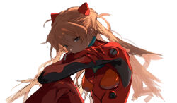 Rule 34 | 1girl, absurdres, awz (a-w-z), blue eyes, bodysuit, breasts, expressionless, highres, interface headset, long hair, looking to the side, medium breasts, neon genesis evangelion, orange hair, pilot suit, plugsuit, red bodysuit, shiny clothes, simple background, sitting, solo, souryuu asuka langley, very long hair