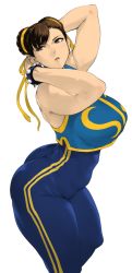 Rule 34 | 1girl, ass, bracelet, breasts, brown eyes, brown hair, butt crack, capcom, chun-li, colorized, curvy, double bun, female focus, highres, huge ass, huge breasts, jewelry, lips, orushibu, plump, simple background, skin tight, solo, street fighter, thick thighs, thighs, white background, wide hips