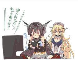 Rule 34 | 2girls, alternate eye color, black gloves, black hair, blonde hair, breasts, cleavage, controller, elbow gloves, fingerless gloves, front-tie top, game controller, gloves, grey eyes, hair between eyes, headgear, indian style, iowa (kancolle), kantai collection, large breasts, long hair, malino (dream maker), multiple girls, nagato (kancolle), playing games, red eyes, red neckwear, simple background, sitting, sleeveless, striped legwear, television, thighhighs, translation request, vertical-striped legwear, wavy hair, white background