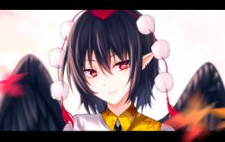 Rule 34 | 1girl, black hair, black wings, commentary, ear piercing, feathered wings, hair between eyes, hat, koissa, leaf print, letterboxed, looking at viewer, piercing, pointy ears, pom pom (clothes), portrait, red eyes, shameimaru aya, shirt, short hair, smile, solo, tassel, tokin hat, touhou, white background, white shirt, wings