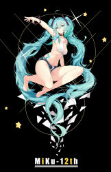 Rule 34 | 1girl, absurdres, anniversary, aqua eyes, aqua hair, barefoot, bikini, bikini top only, black background, breasts, character name, chest tattoo, collar, commentary, english commentary, full body, hair ornament, hatsune miku, highres, long hair, medium breasts, midriff, navel, outstretched arm, peng yong, solo, star (symbol), swimsuit, tattoo, thighs, twintails, very long hair, vocaloid, white bikini