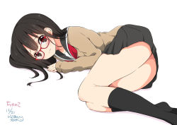 Rule 34 | 1girl, artist name, bad id, bad pixiv id, black skirt, black socks, cardigan, chijou noko, chikanoko, closed mouth, commentary request, dated, eyebrows, glasses, kneehighs, long hair, long sleeves, looking at viewer, lying, neckerchief, no shoes, on side, original, ragho no erika, red-framed eyewear, school uniform, signature, simple background, skirt, smile, socks, solo, thighs, white background