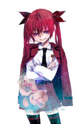 Rule 34 | 10s, 1girl, belt, black thighhighs, candy, crossed arms, date a live, food, highres, itsuka kotori, jacket, jacket on shoulders, lollipop, long hair, necktie, official art, pleated skirt, purple eyes, red hair, simple background, skirt, smile, solo, takanashi ringo, thighhighs, twintails, white background