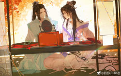 Rule 34 | 1boy, 1girl, absurdres, backlighting, bare shoulders, beads, brown hair, chi lian (qin shi ming yue), closed eyes, cui fa lanzhou, cup, hair bun, highres, jewelry, leaf, lid, light rays, long hair, looking to the side, maple leaf, mirror, pouring, qinshi mingyue, ring, sitting, string, third-party source