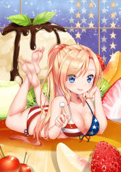 Rule 34 | 1girl, :p, american flag bikini, archerfish (warship girls r), bad id, bad pixiv id, barefoot, bikini, blonde hair, blue eyes, breasts, chocolate, cleavage, collarbone, douya (233), eyebrows, feet, flag print, food, fruit, full body, hand on own cheek, hand on own face, holding, kiwi (fruit), kneepits, legs up, long hair, looking at viewer, lying, medium breasts, mimikaki, mini person, minigirl, on stomach, ponytail, pudding, sky, soles, solo, star (sky), star (symbol), starry sky, strawberry, sweets, swimsuit, the pose, toes, tongue, tongue out, warship girls r, window