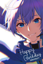 Rule 34 | 1boy, azaka (pipponao), bishounen, blue eyes, blue hair, blue scarf, blush, chromatic aberration, commentary, dated, eyelashes, hair between eyes, happy birthday, headset, kaito (vocaloid), looking at viewer, male focus, mouthpiece, parted lips, portrait, scarf, short hair, sidelighting, smile, solo, vocaloid